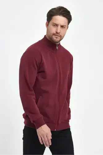 Cotton Lined Zippered Stand-Up Collar Side Pocket Men's Burgundy Cardigan-BURGUNDY - 8