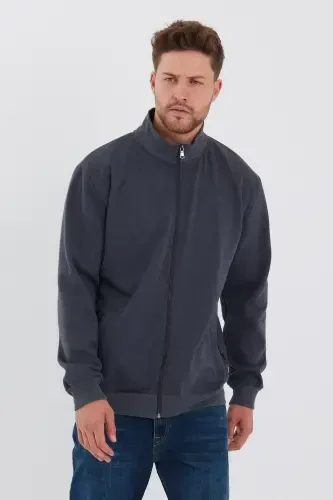 Cotton Lined Zippered Straight Side Pocket Men's Anthracite Cardigan-Anthracite - 1