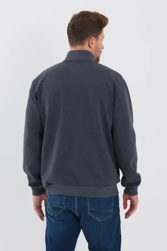 Cotton Lined Zippered Straight Side Pocket Men's Anthracite Cardigan-Anthracite - 4