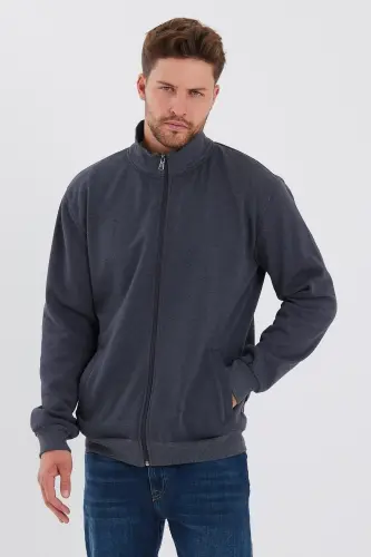 Cotton Lined Zippered Straight Side Pocket Men's Anthracite Cardigan-Anthracite - 3