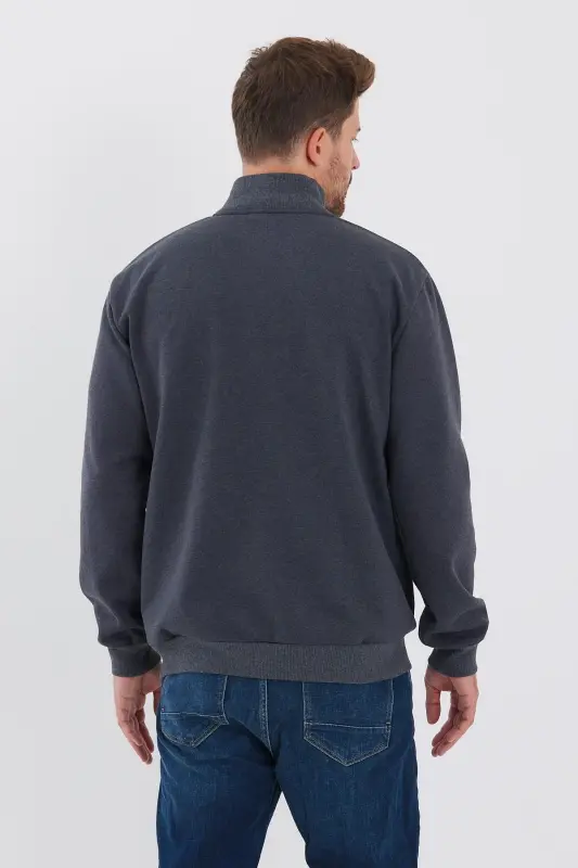 Cotton Lined Zippered Straight Side Pocket Men's Anthracite Cardigan-Anthracite - 5