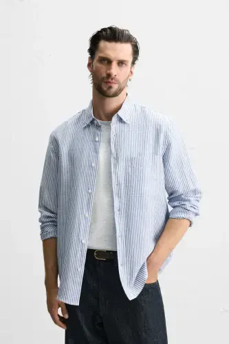 COTTON LINEN SHIRT-Blue/White - 4