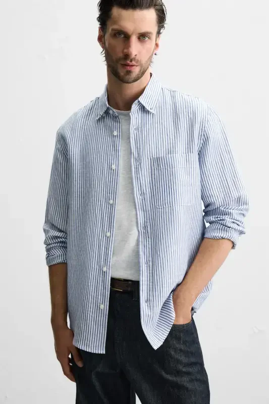 COTTON LINEN SHIRT-Blue/White - 7