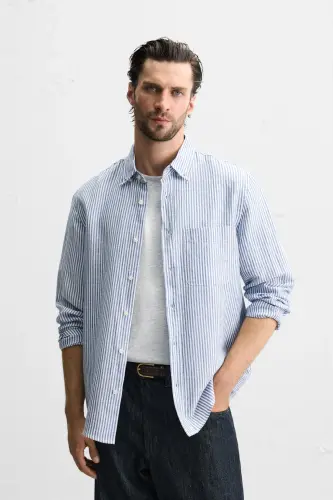 COTTON LINEN SHIRT-Blue/White - 4