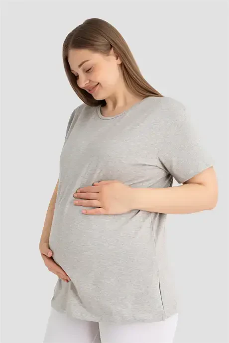 Cotton Lycra Grey Short Sleeve Maternity T-Shirt Comfortable and Breathable Maternity Wear - BÜYÜKBEDENIZ