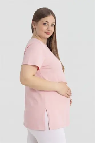 Cotton Lycra Pink Short Sleeve Maternity T-Shirt Comfortable and Breathable Maternity Wear - BÜYÜKBEDENIZ (1)