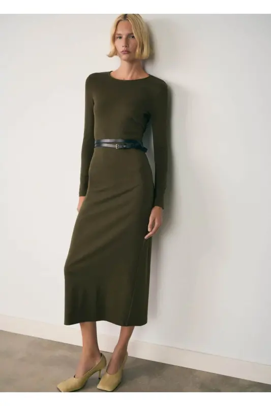 Cotton midi dress-Khaki Color - 2