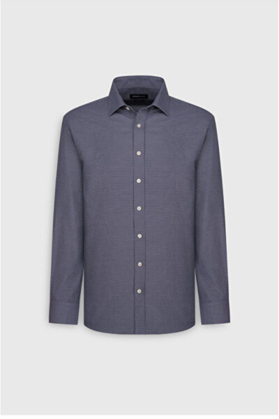 Cotton Oxford Regular Fit Comfort Fit Classic Collar Textured Navy Shirt - ALTINYILDIZ CLASSICS