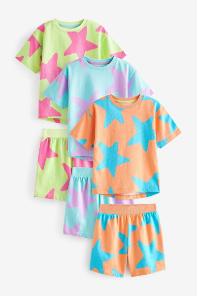 Cotton Pastel Neon Star Print 3-Piece Shorts Top Set 