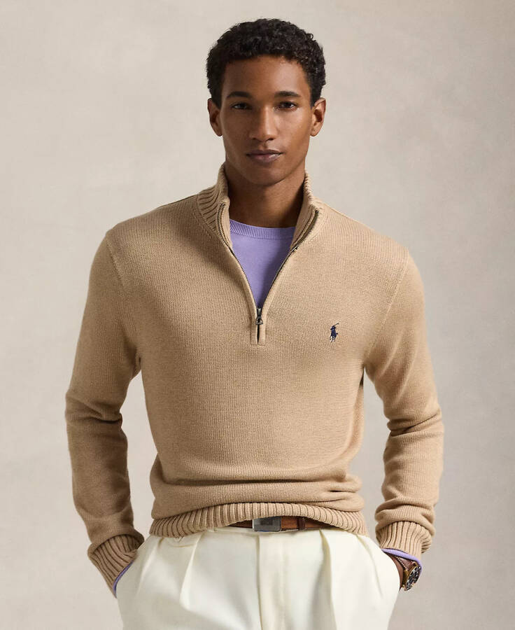 Cotton Quarter-zip Sweater Camel Melange - 1