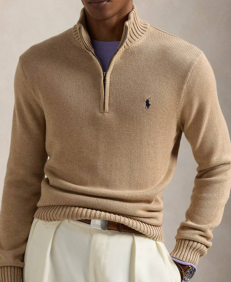 Cotton Quarter-zip Sweater Camel Melange - 3