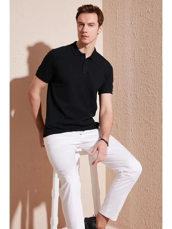 Cotton Regular Fit Buttoned Polo Collar T-Shirt 5902739-Black - LC WAIKIKI