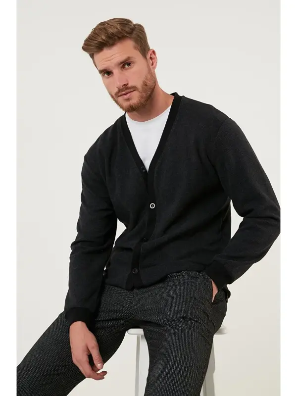 Cotton Regular Fit Buttoned V-Neck Cardigan 456205-Anthracite - 2