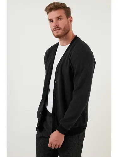 Cotton Regular Fit Buttoned V-Neck Cardigan 456205-Anthracite - 3