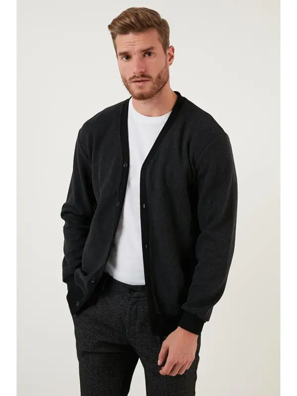 Cotton Regular Fit Buttoned V-Neck Cardigan 456205-Anthracite - 5