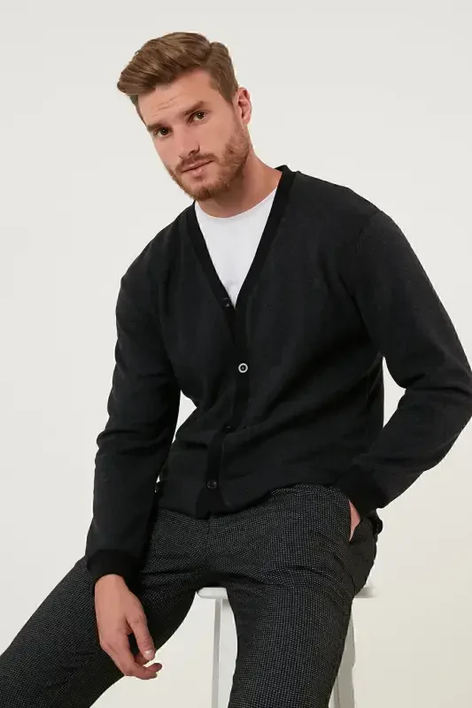 Cotton Regular Fit Buttoned V-Neck Cardigan Men's Cardigan 456205-ANTHRACITE - 1