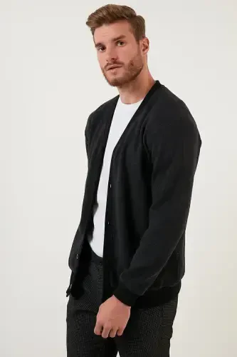 Cotton Regular Fit Buttoned V-Neck Cardigan Men's Cardigan 456205-ANTHRACITE - BURATTI (1)