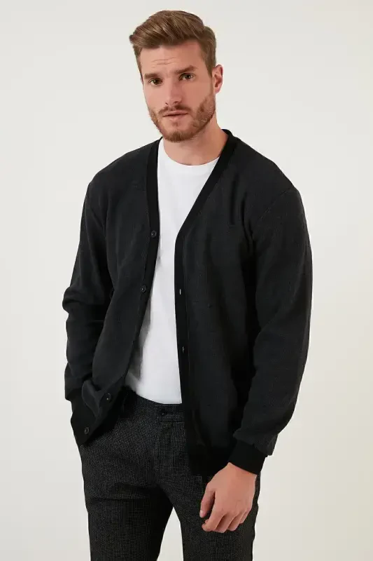 Cotton Regular Fit Buttoned V-Neck Cardigan Men's Cardigan 456205-ANTHRACITE - 4