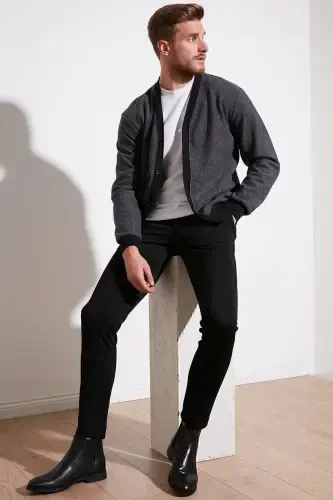 Cotton Regular Fit Buttoned V-Neck Cardigan Men's Cardigan 456205-GRAY - BURATTI (1)