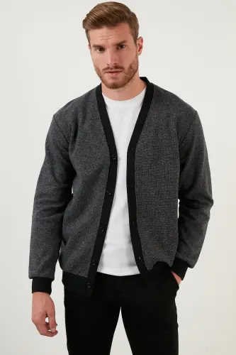 Cotton Regular Fit Buttoned V-Neck Cardigan Men's Cardigan 456205-GRAY - 3
