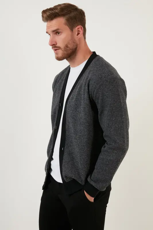 Cotton Regular Fit Buttoned V-Neck Cardigan Men's Cardigan 456205-GRAY - 4