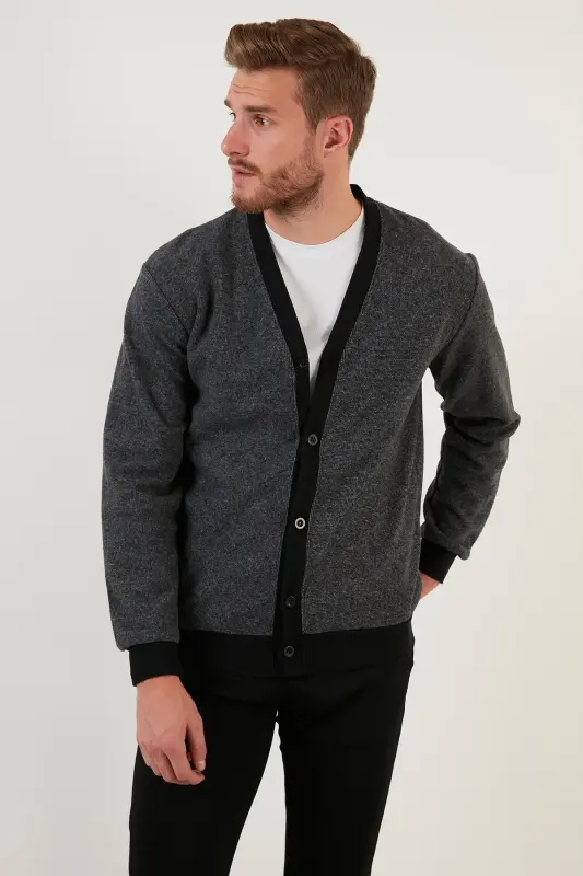 Cotton Regular Fit Buttoned V-Neck Cardigan Men's Cardigan 456205-GRAY - 5