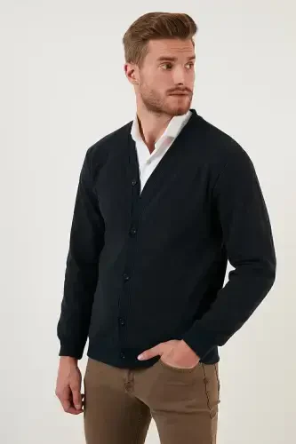 Cotton Regular Fit Buttoned V-Neck Cardigan Men's Cardigan 456205-NAVY BLUE - 1