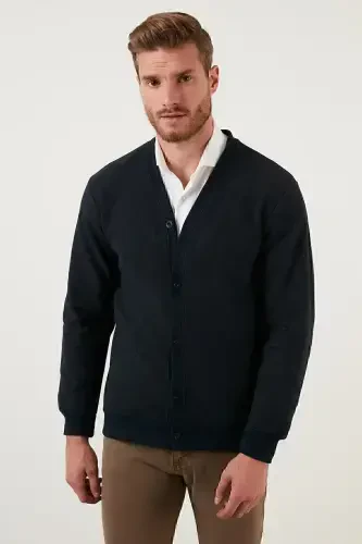 Cotton Regular Fit Buttoned V-Neck Cardigan Men's Cardigan 456205-NAVY BLUE - BURATTI (1)