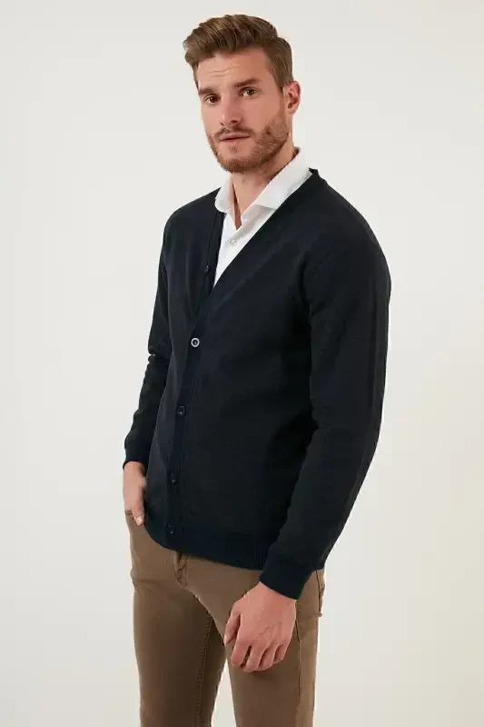 Cotton Regular Fit Buttoned V-Neck Cardigan Men's Cardigan 456205-NAVY BLUE - 3