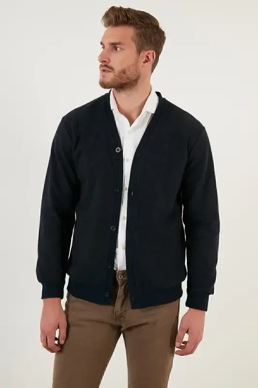 Cotton Regular Fit Buttoned V-Neck Cardigan Men's Cardigan 456205-NAVY BLUE - 4