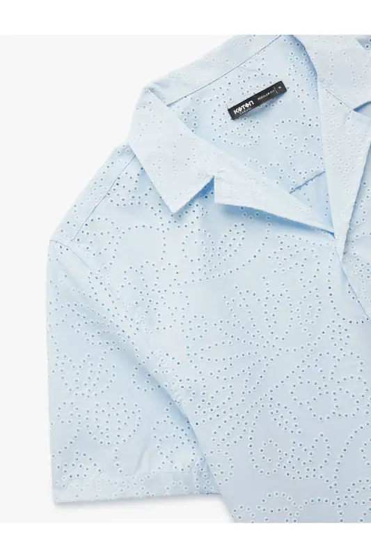 Cotton Regular Fit Turnover Collar Floral Embroidered Blouse - 5