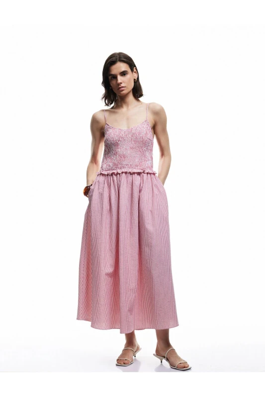 Cotton Ruffle Detailed Guipure Gingham Thin Strap Midi Flared Dress - 1