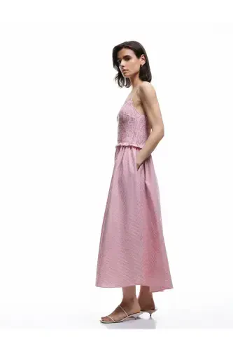 Cotton Ruffle Detailed Guipure Gingham Thin Strap Midi Flared Dress - KOTON (1)