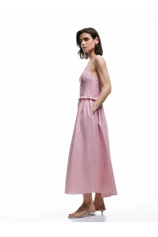 Cotton Ruffle Detailed Guipure Gingham Thin Strap Midi Flared Dress - 2