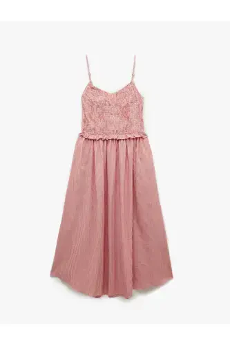 Cotton Ruffle Detailed Guipure Gingham Thin Strap Midi Flared Dress - 3