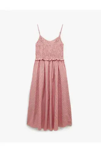 Cotton Ruffle Detailed Guipure Gingham Thin Strap Midi Flared Dress - 4