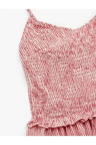 Cotton Ruffle Detailed Guipure Gingham Thin Strap Midi Flared Dress - 5