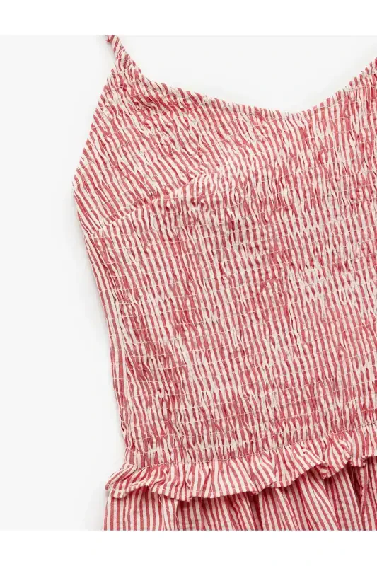 Cotton Ruffle Detailed Guipure Gingham Thin Strap Midi Flared Dress - 5