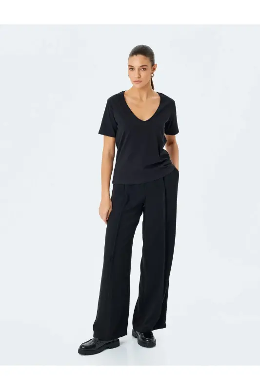 Cotton Short Sleeve Basic V-Neck T-Shirt-Black - KOTON