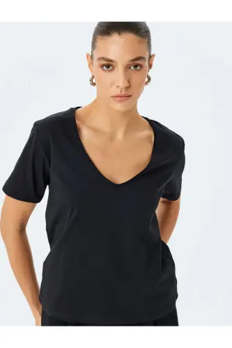 Cotton Short Sleeve Basic V-Neck T-Shirt-Black - KOTON (1)
