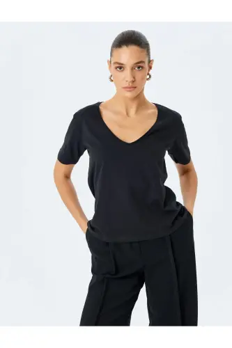 Cotton Short Sleeve Basic V-Neck T-Shirt-Black - 3