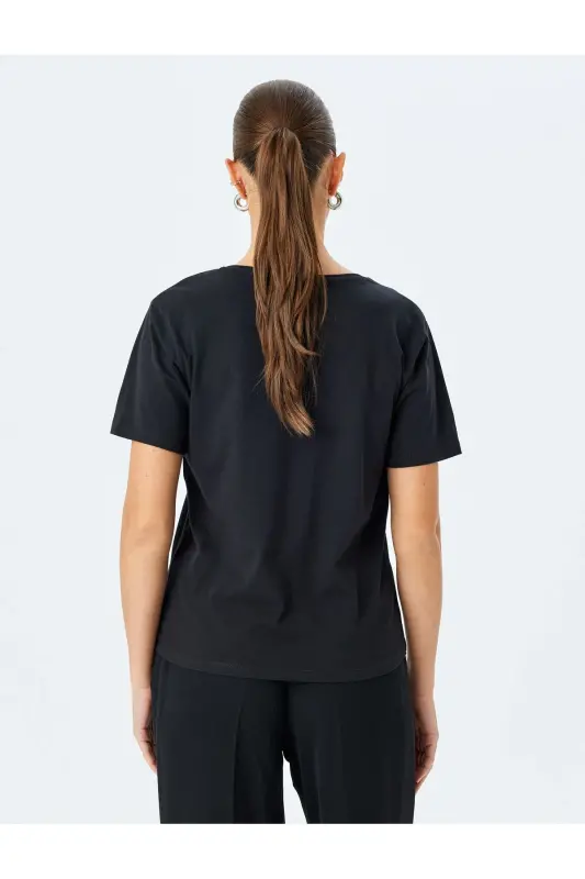 Cotton Short Sleeve Basic V-Neck T-Shirt-Black - 4
