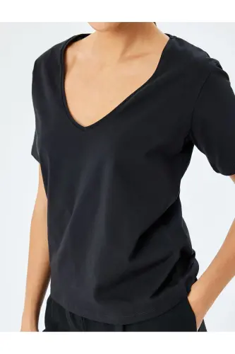 Cotton Short Sleeve Basic V-Neck T-Shirt-Black - 5