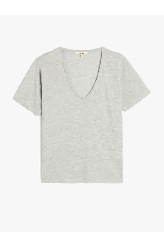 Cotton Short Sleeve Basic V-Neck T-Shirt-Gray - 1