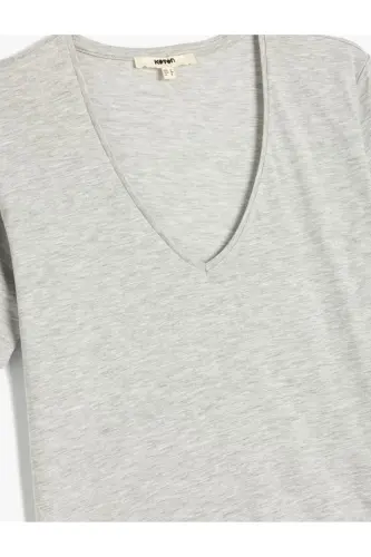 Cotton Short Sleeve Basic V-Neck T-Shirt-Gray - 3