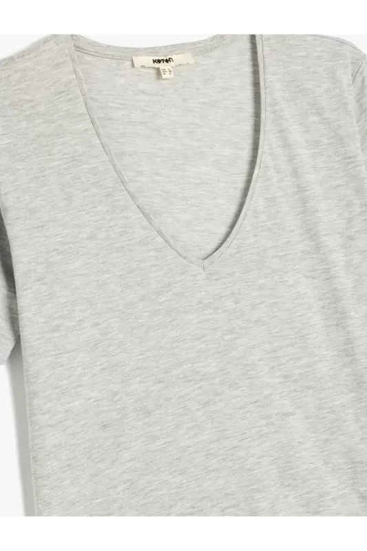 Cotton Short Sleeve Basic V-Neck T-Shirt-Gray - 3