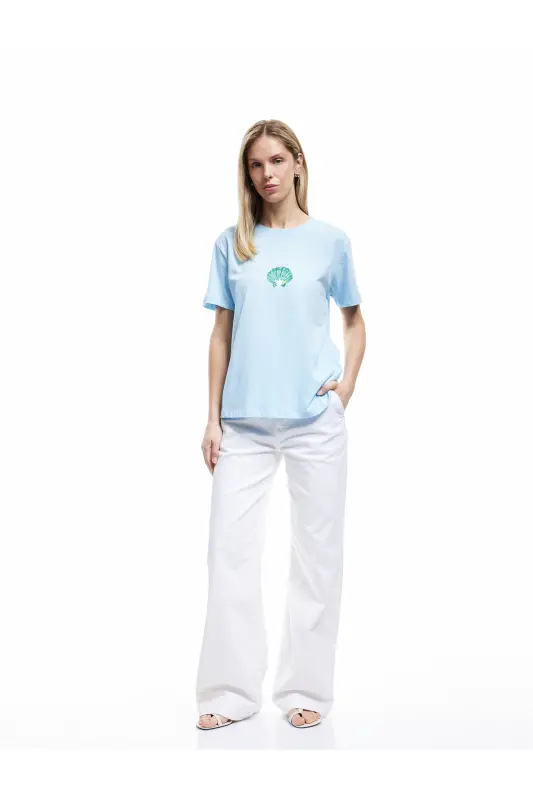 Cotton Short Sleeve Crew Neck Seashell Print - 2