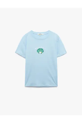 Cotton Short Sleeve Crew Neck Seashell Print - 3