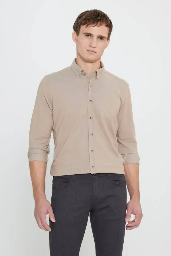 Cotton Slim Fit Narrow Cut Button-Down Collar Shirt - 1