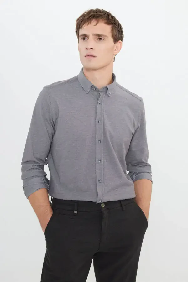Cotton Slim Fit Narrow Cut Button-Down Collar Shirt - 1